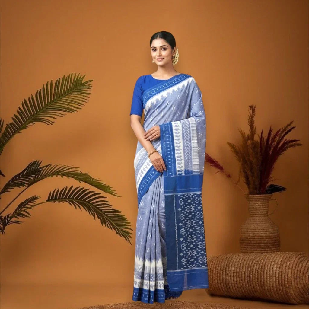 POCHAMPALLY IKKAT COTTON SKY BLUE BODY BORDER BLUE SARI BLUE BLOUSE - pochampallysarees.com
