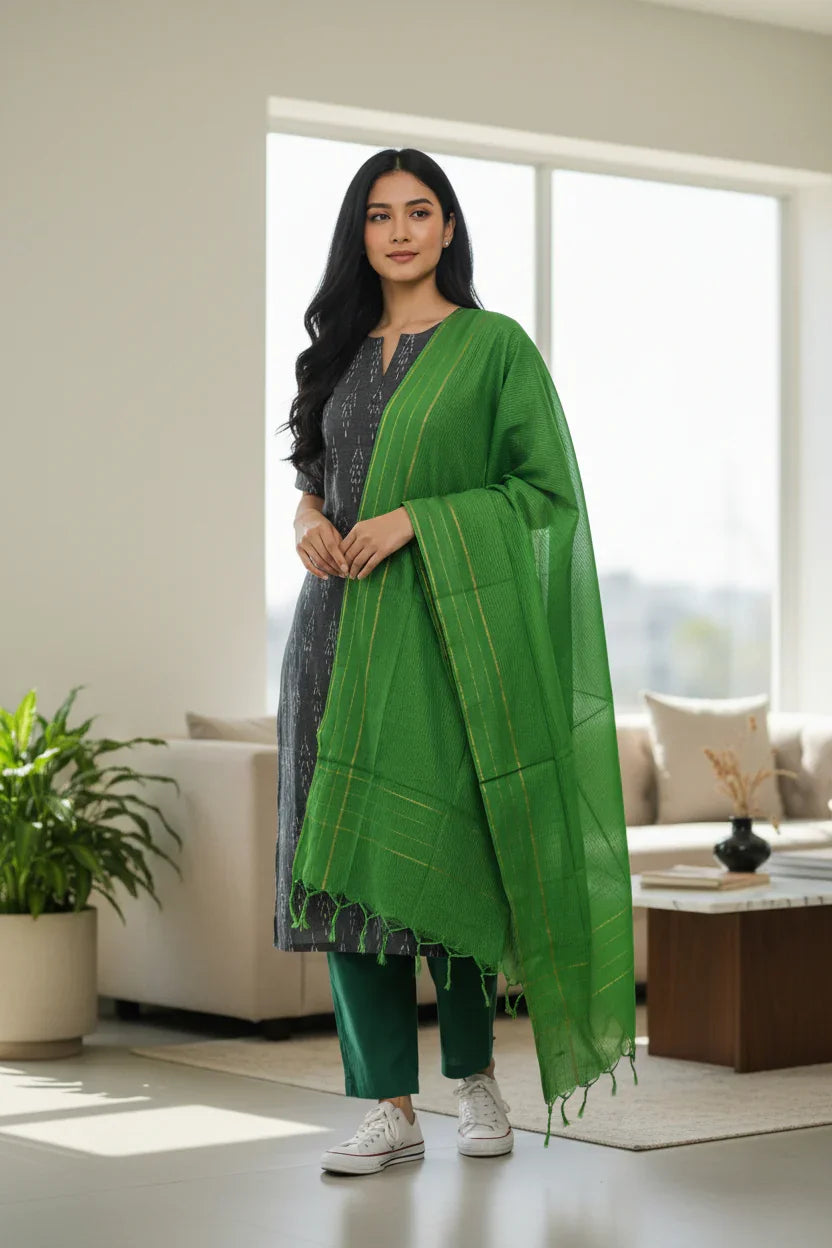 Ikkat Suite Parrot Green - pochampallysarees.com