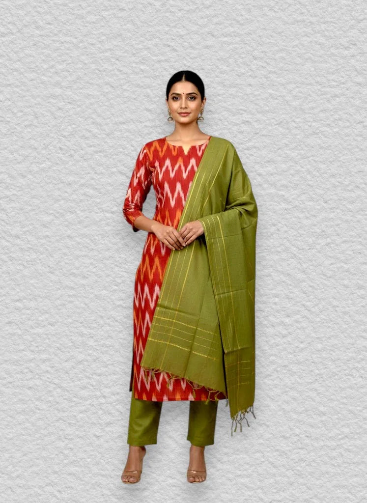 Ikkat Cotton Suite Green Red - pochampallysarees.com