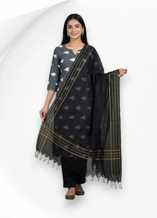 Elegant Charcoal & Black Pochampally Ikkat Cotton Unstitched Suit Set - pochampallysarees.com