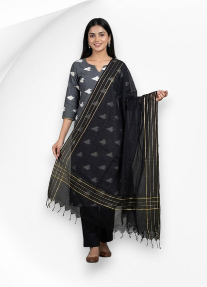 Elegant Charcoal &amp; Black Pochampally Ikkat Cotton Unstitched Suit Set