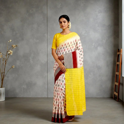 POCHAMPALLY IKKAT COTTON CREAM BODY BORDER YELLOW SARI YELLOW BLOUSE - pochampallysarees.com