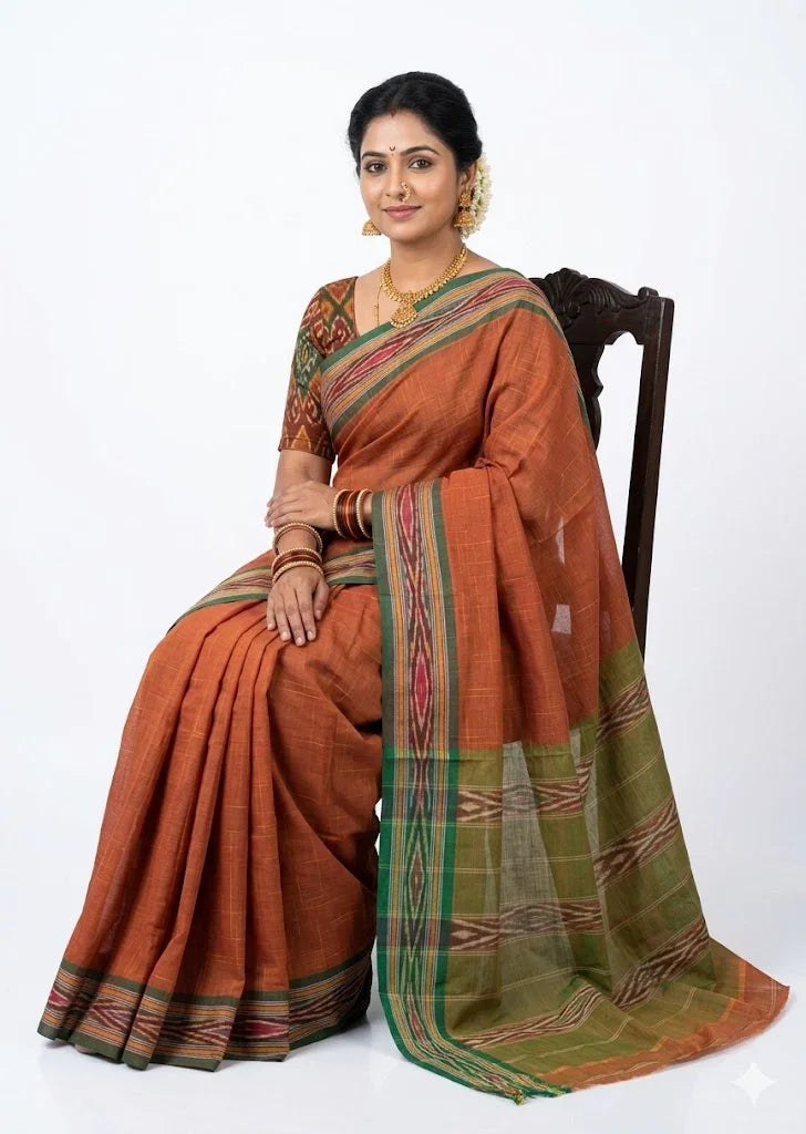 Handloom Pure Ikkat Cotton Saree in Rust Orange &amp; Olive Green | Authentic Pochampally Style Cotton Saree for Women (Saree Only) - pochampallysarees.com