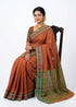 Handloom Pure Ikkat Cotton Saree in Rust Orange & Olive Green | Authentic Pochampally Style Cotton Saree for Women (Saree Only) - pochampallysarees.com