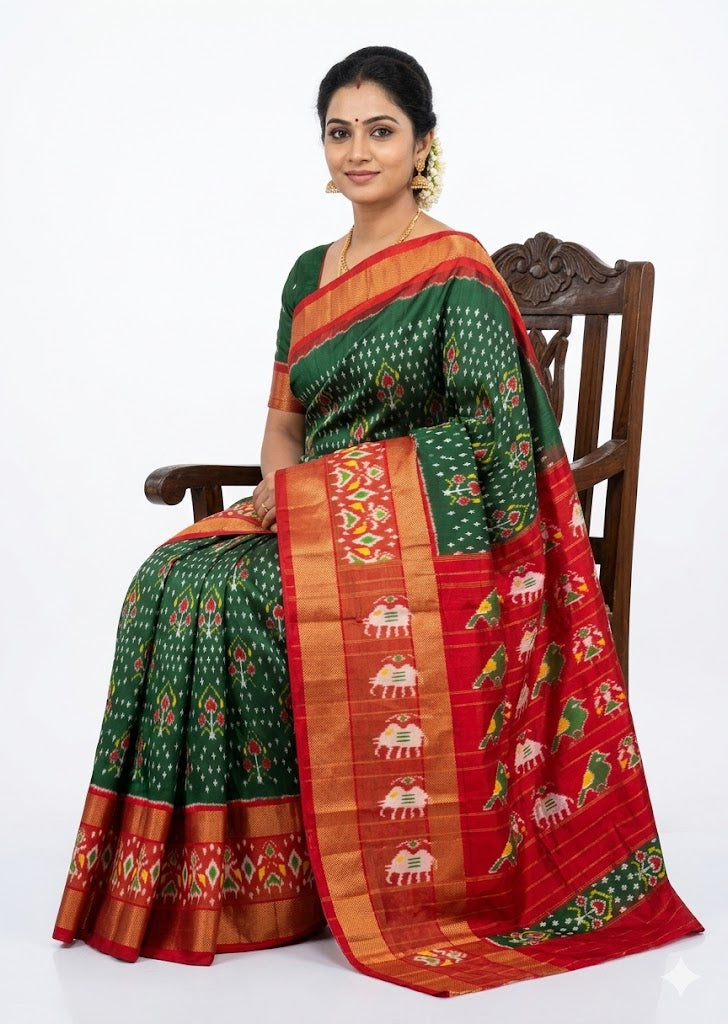 Premium Green &amp; Red Pure Ikkat Silk Saree | Traditional Parrot &amp; Elephant Motifs | Rich Gold Zari Border - pochampallysarees.com