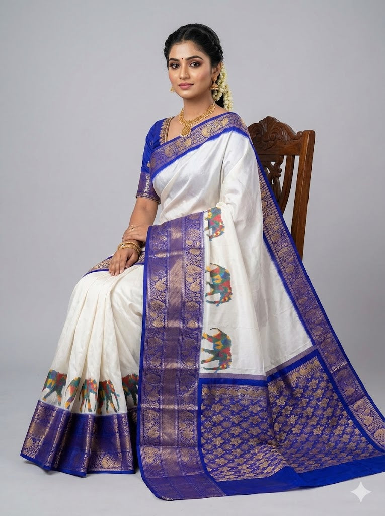 Classic White &amp; Blue Kanchi Ikat Silk Saree | Festive Elephant Motif Edition