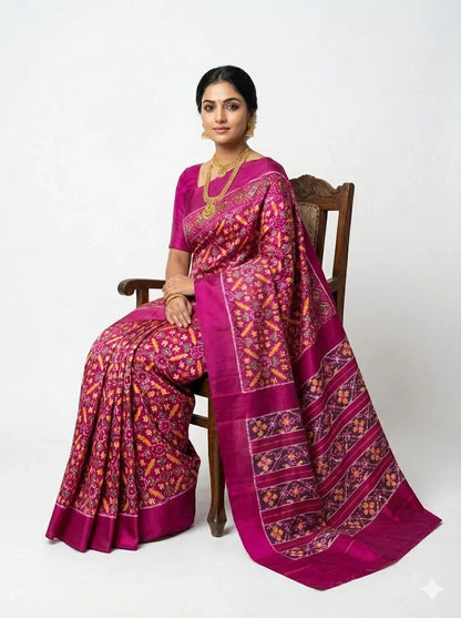Pure Ikkat Patola Silk Saree in Magenta Pink with Plain Border | Handwoven Traditional Festive Wear - pochampallysarees.com
