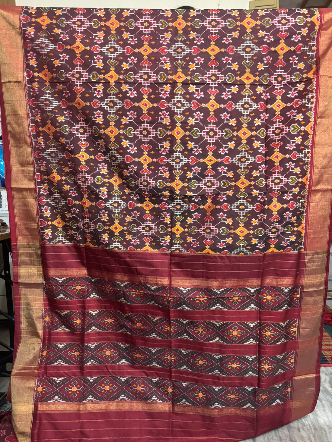 Pochampally Ikat Silk Patola Chocolate Red Sari