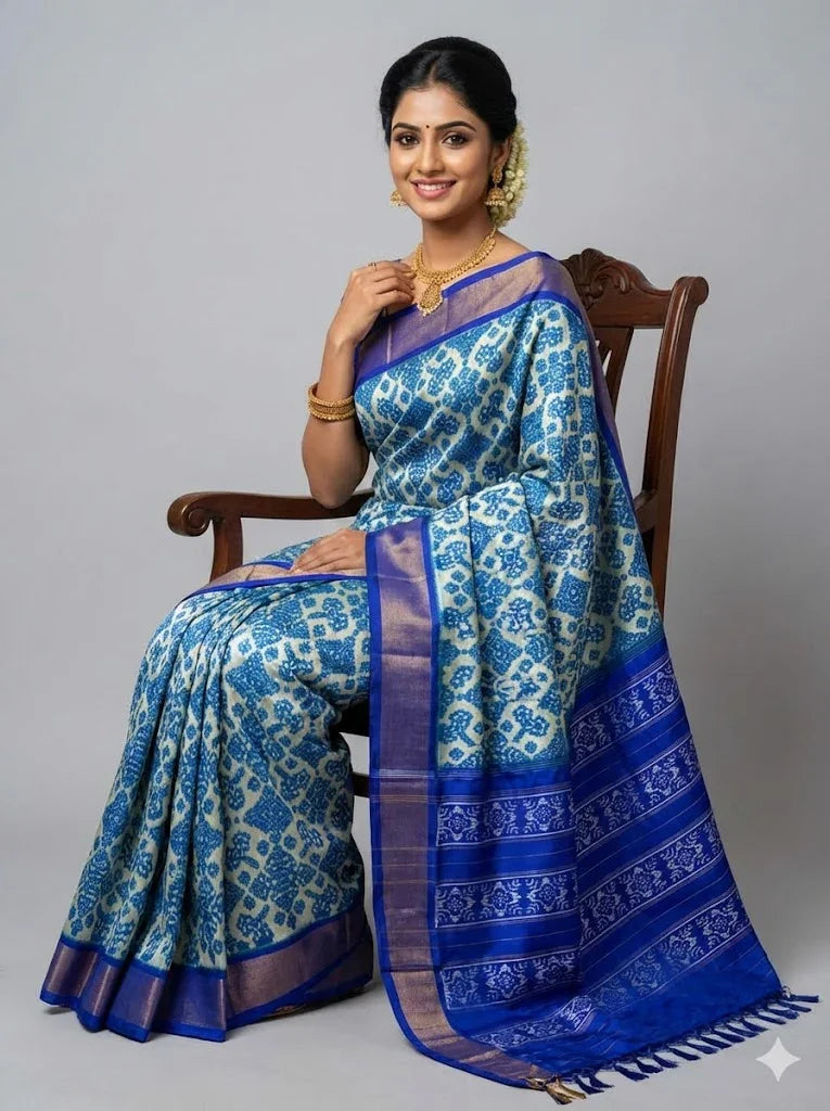 Pure Pochampally Ikkat Patola Silk Saree – Royal Blue &amp; Cream | Handloom Double Ikat Pattern | Traditional Wedding Wear - pochampallysarees.com