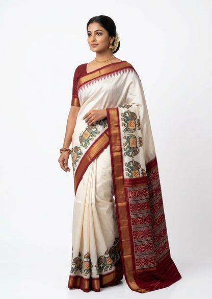 Pure Ivory Pochampally Ikkat Silk Saree with Red Elephant Motif Border - pochampallysarees.com