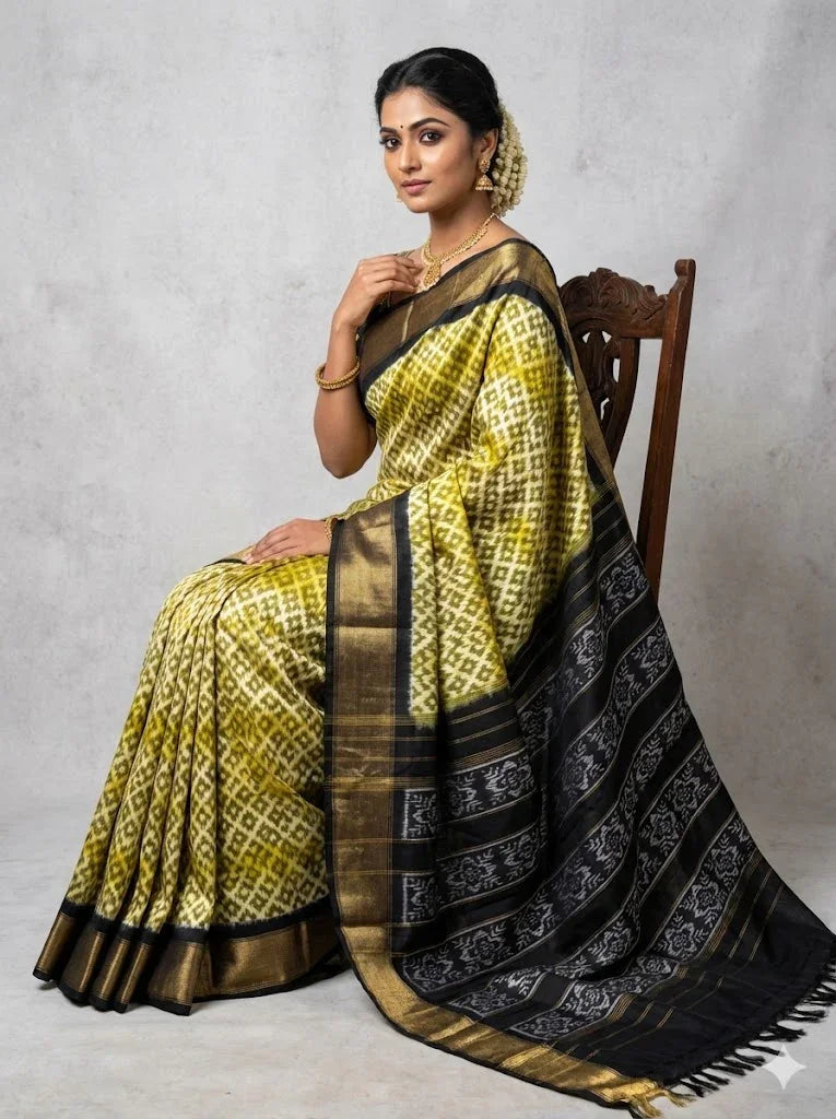 Pure Pochampally Ikkat Patola Silk Saree in Lime Yellow & Black | Authentic Handloom with Zari Border & Designer Pallu - pochampallysarees.com
