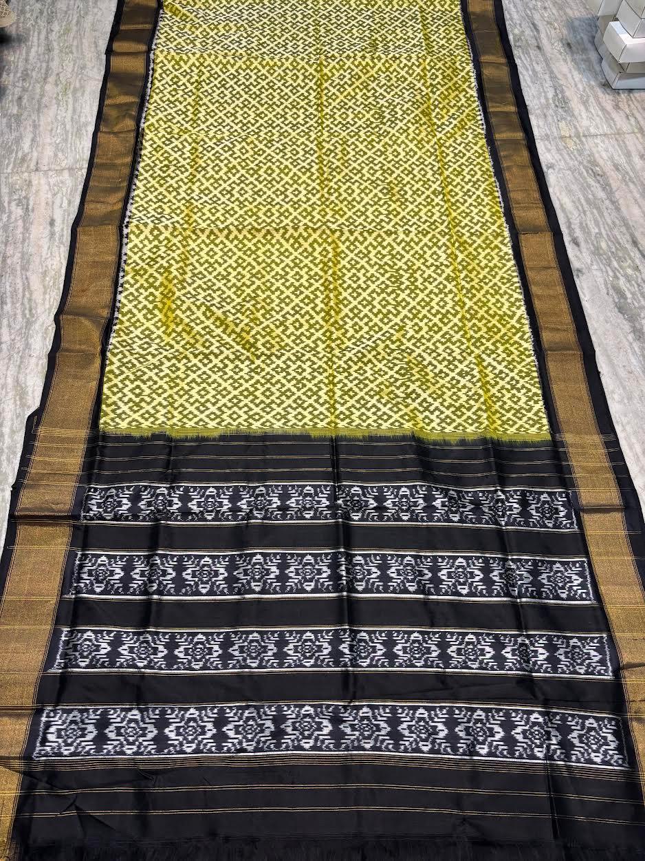 Pure Pochampally Ikkat Patola Silk Saree in Lime Yellow &amp; Black | Authentic Handloom with Zari Border &amp; Designer Pallu - pochampallysarees.com