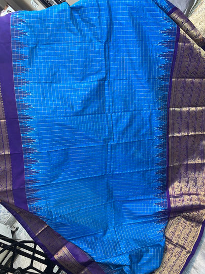 POCHAMPALLY IKKAT SILK MIDDLE BLUE ZARI CHECKS KANCHI BORDER LAVENDER PALLU AND BLOUSE SAME AS IKKAT DESIGN - pochampallysarees.com
