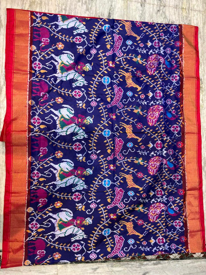 POCHAMPALLY IKKAT SILK PATOLA MIDDLE NAVYBLUE BORDER AND PALLU RED ZARI BORDER RICH PALLU SAREE - pochampallysarees.com