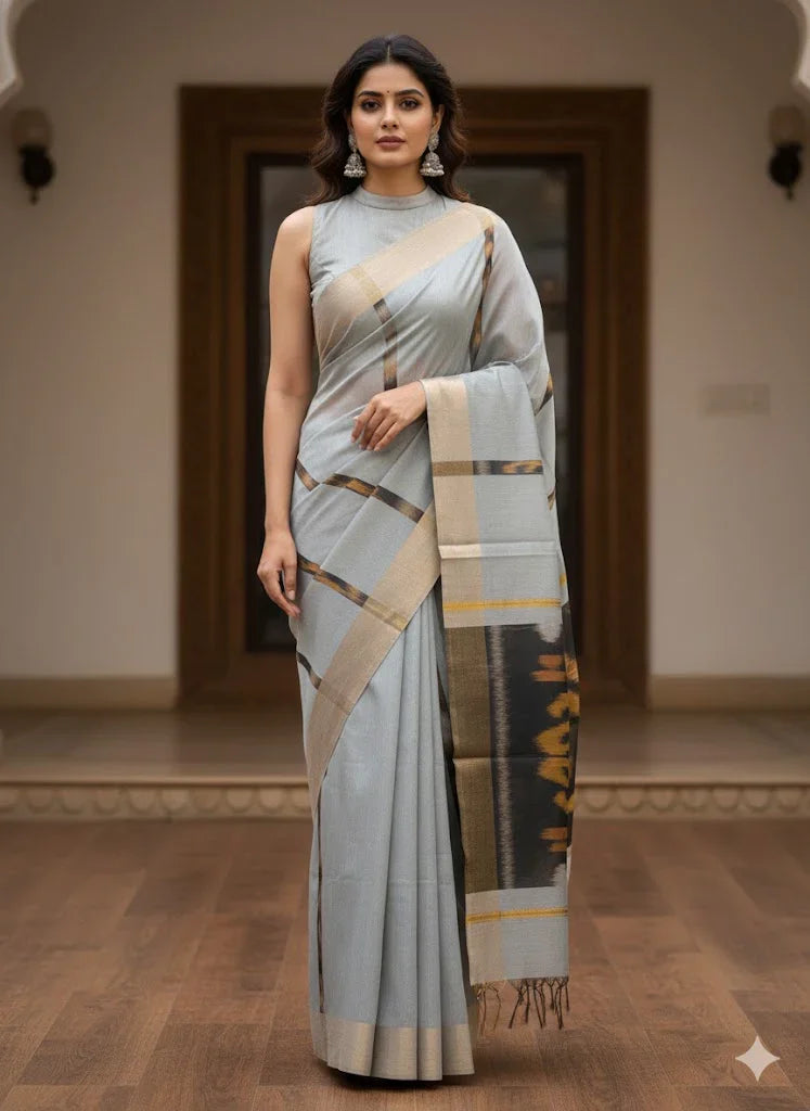 POCHAMPALLY IKKAT SICO GRAY SARI - pochampallysarees.com