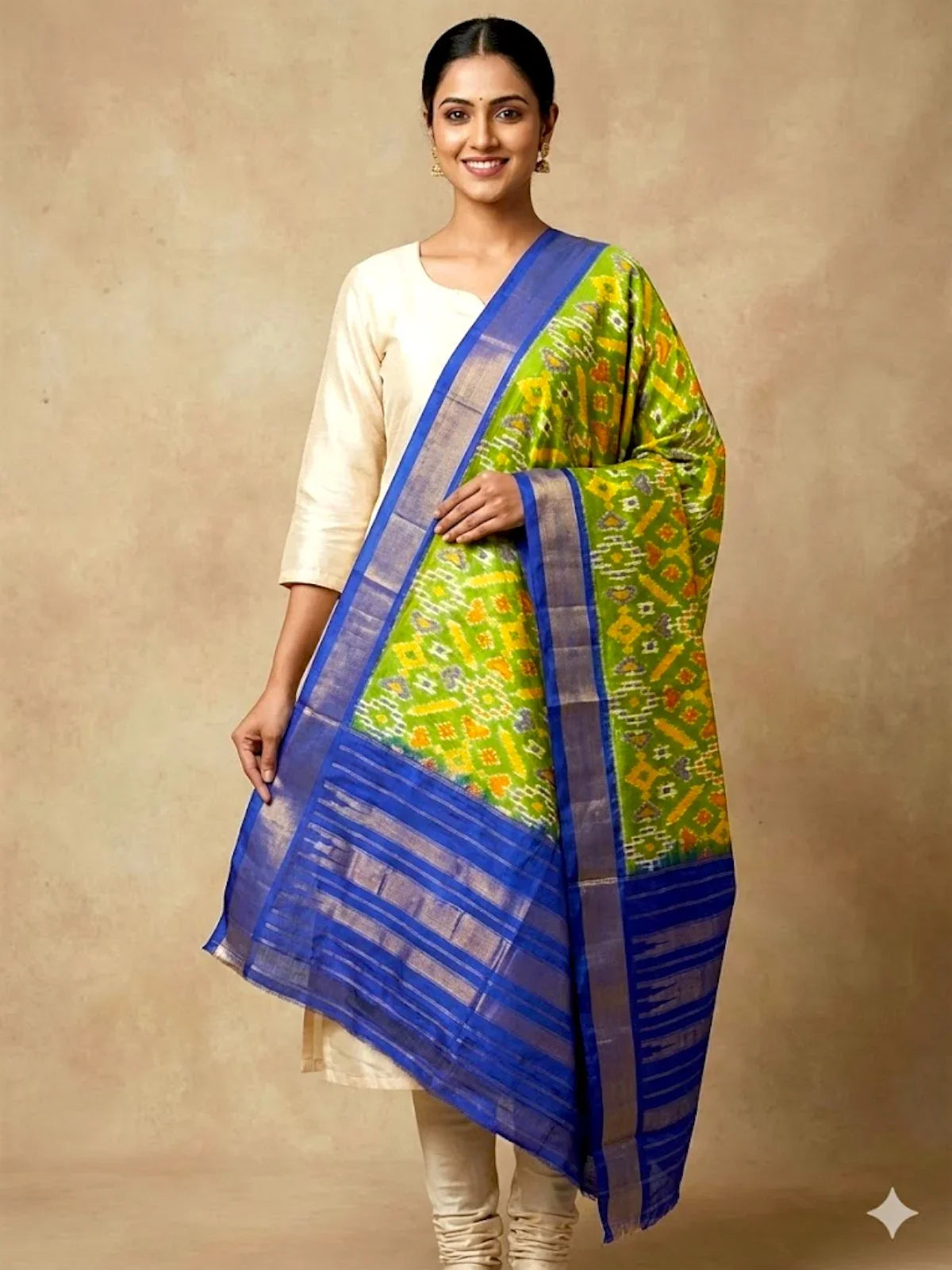 Ikkat Silk Dupatta Green Blue - pochampallysarees.com