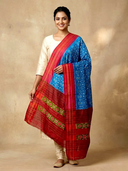 Ikkat Silk Dupatta Blue Red - pochampallysarees.com