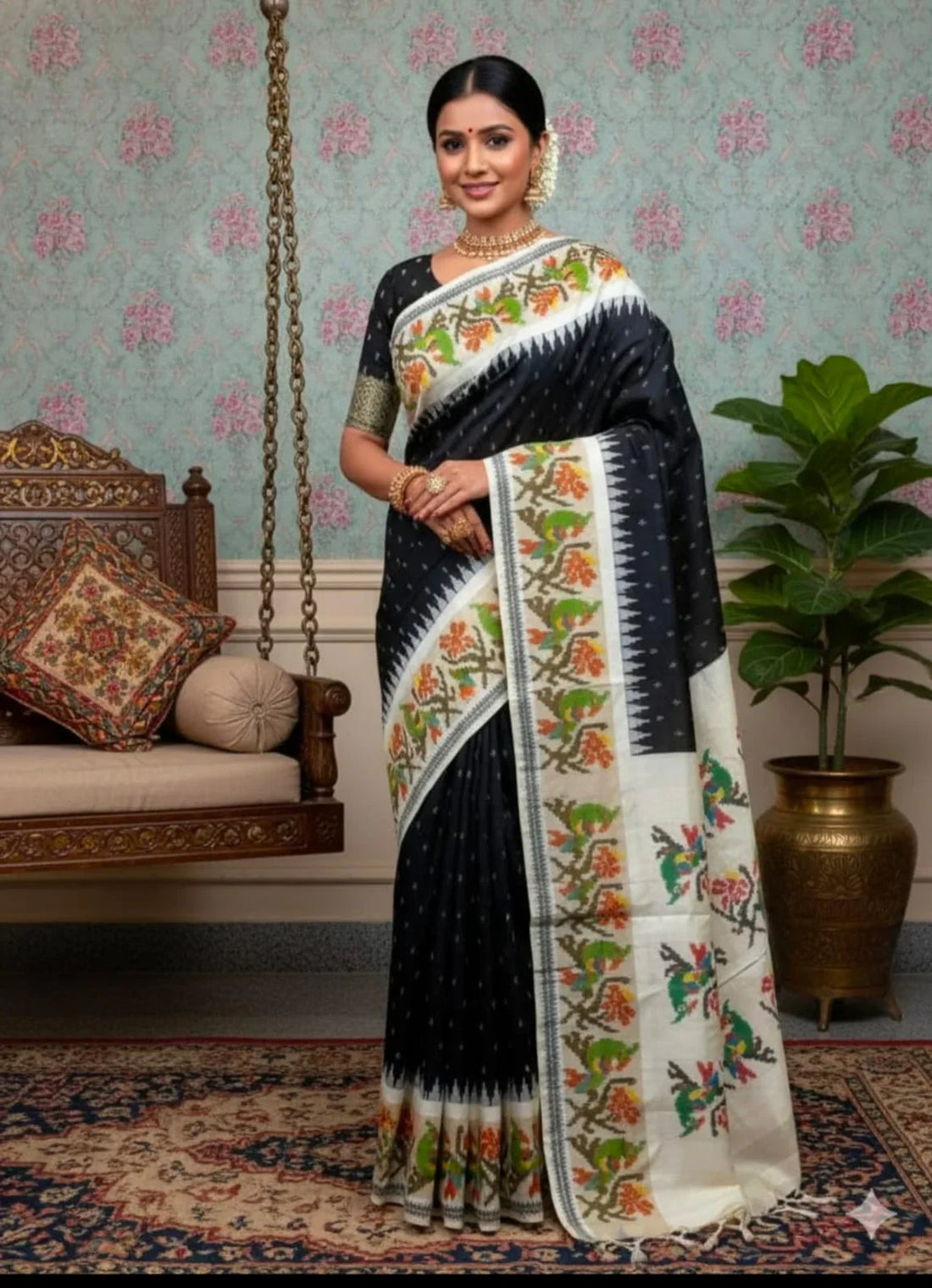 re Pochampally Ikkat Silk Saree in Black &amp; Cream with Vibrant Parrot &amp; Floral Motifs Border | Traditional Handloom Festive Wear - pochampallysarees.com