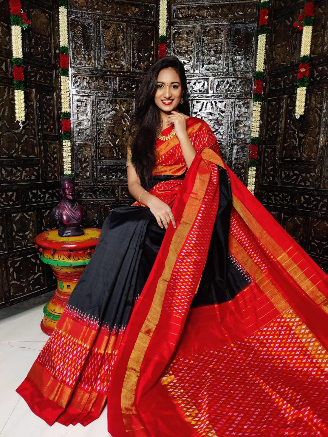 Pochampally Ikkat Silk Black Border Red Sari