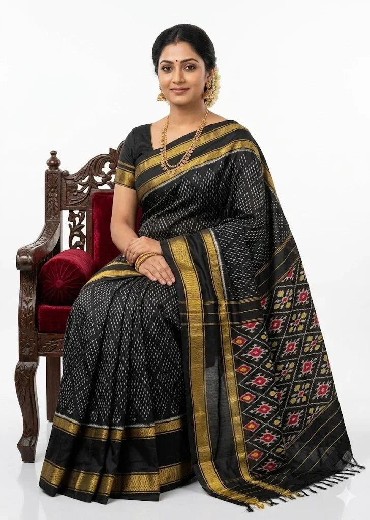 Exquisite Black Ikkat Patola Silk Saree with Rich Golden Zari Border | Silk Mark Certified - pochampallysarees.com