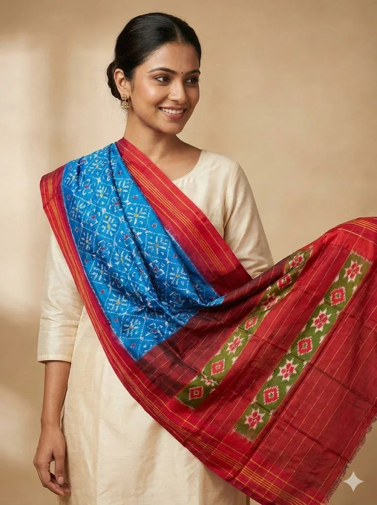 Ikkat Silk Dupatta Blue Red - pochampallysarees.com
