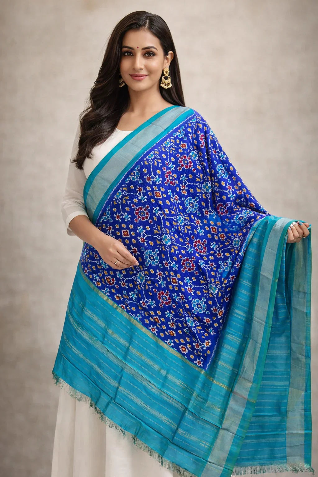 Ikkat Silk Dupatta Blue Ananda Blue - pochampallysarees.com