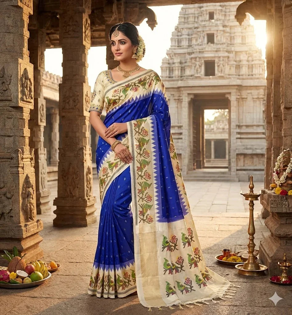 POCHAMPALLY IKKAT SILK BLUE SARI - pochampallysarees.com