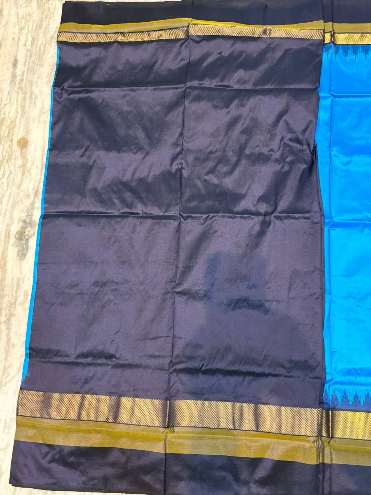 Pure Ikkat Silk Saree in Radiant Blue with Contrast Black Temple Border &amp; Geometric Pallu - pochampallysarees.com