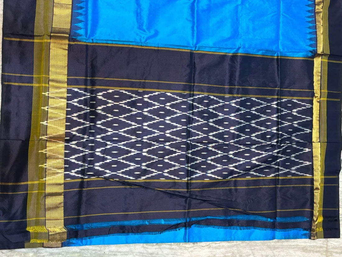 Pure Ikkat Silk Saree in Radiant Blue with Contrast Black Temple Border &amp; Geometric Pallu - pochampallysarees.com