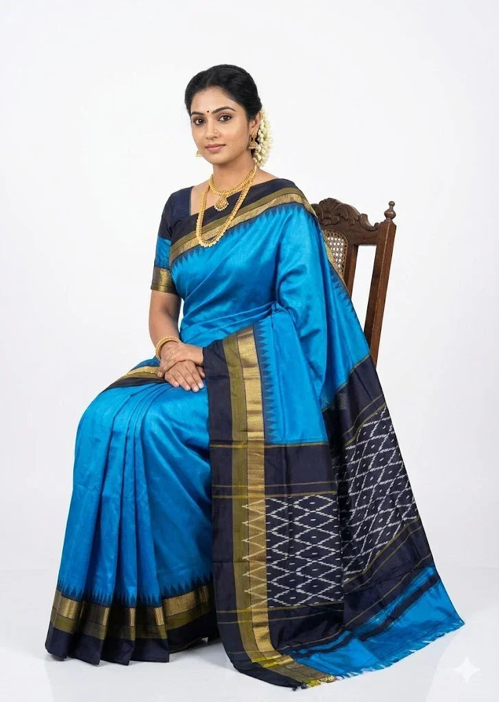 Pure Ikkat Silk Saree in Radiant Blue with Contrast Black Temple Border &amp; Geometric Pallu - pochampallysarees.com