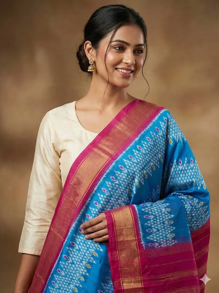 Ikkat Silk Dupatta Ananda Blue Pink - pochampallysarees.com