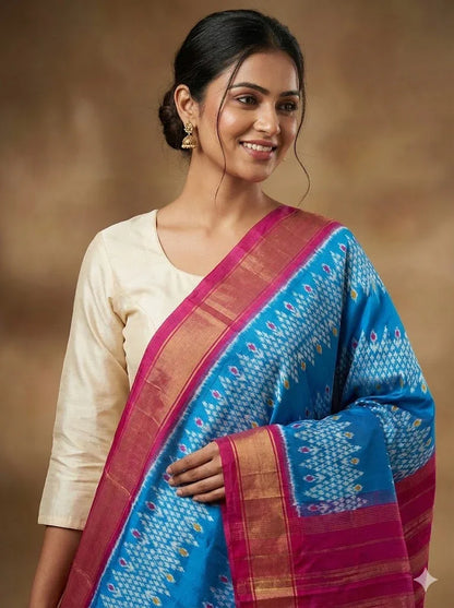 Ikkat Silk Dupatta Ananda Blue Pink - pochampallysarees.com