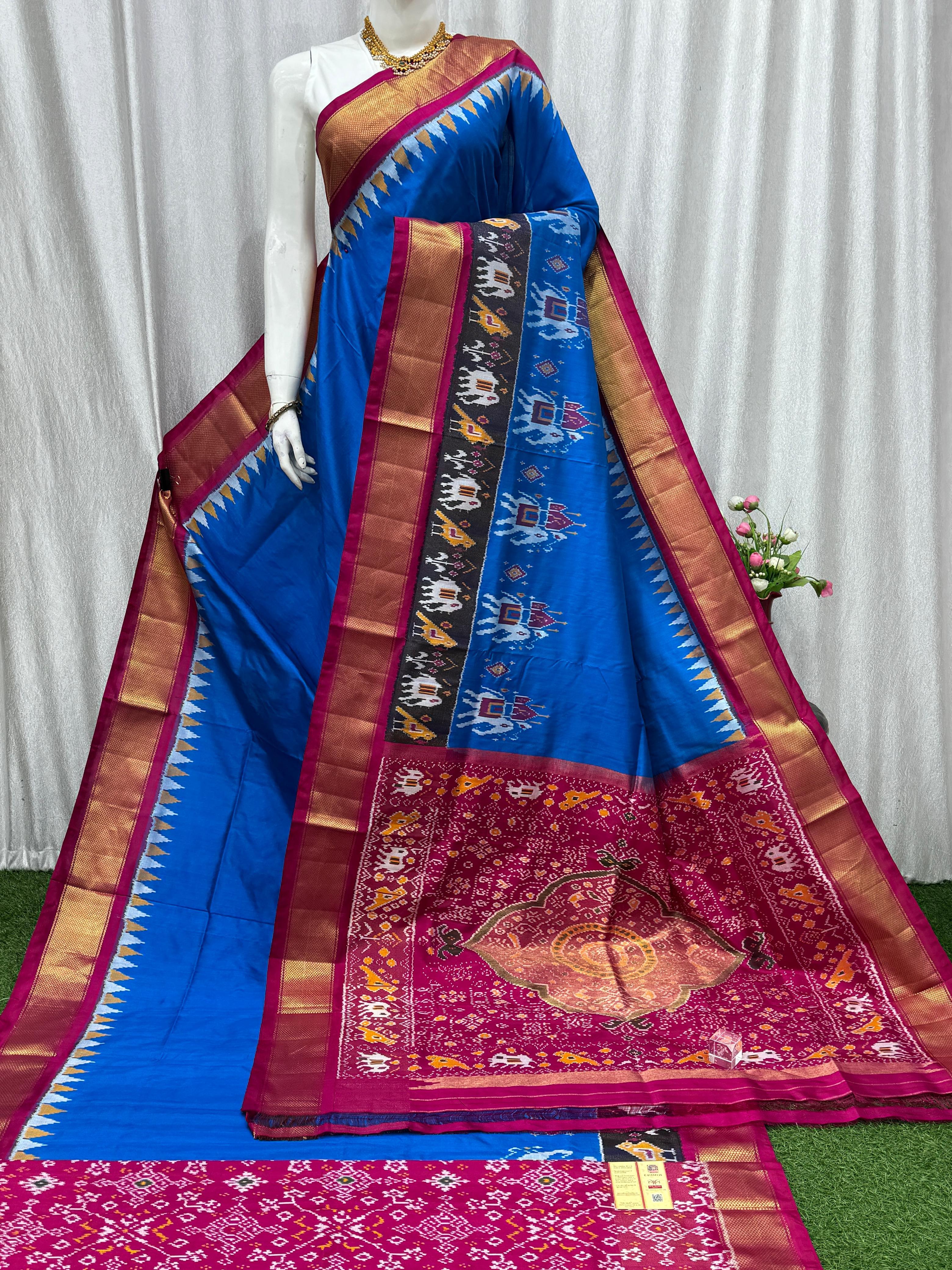 Pure Ikkat Silk Saree - Royal Blue &amp; Magenta | Traditional Pochampally Handloom with Elephant &amp; Bird Motifs | Festive Wedding Pattu Saree - pochampallysarees.com