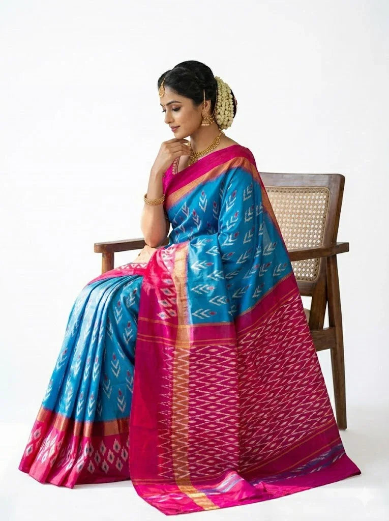 Authentic Blue &amp; Pink Pure Ikkat Silk Saree with Traditional Geometric Pallu | Handwoven Festive Saree