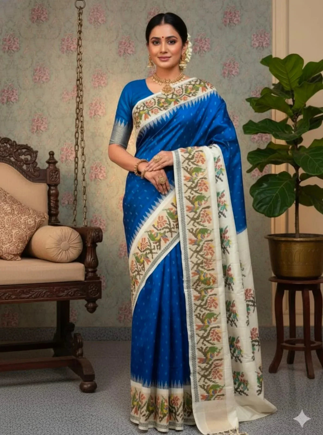Royal Blue &amp; Cream White Pure Ikkat Silk Saree | Silk Mark Certified Handloom Pochampally | Temple Border Wedding Saree - pochampallysarees.com