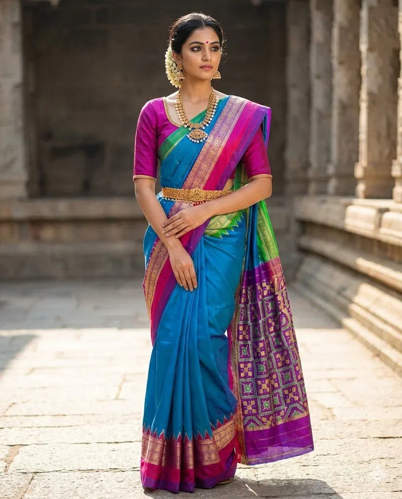 Pochampally Ikat Silk Saree – Blue Body with Ganga-Jamuna Borders (Pink &amp; Green) | Dual-Tone Handloom Classic - pochampallysarees.com