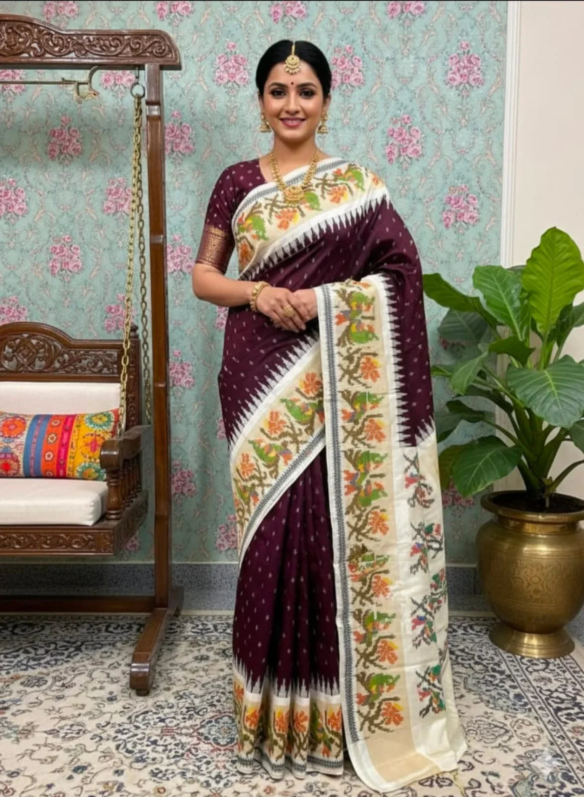 Authentic Chocolate Brown &amp; Cream Ikkat Silk Saree with Floral Temple Border &amp; Parrot Motifs - pochampallysarees.com