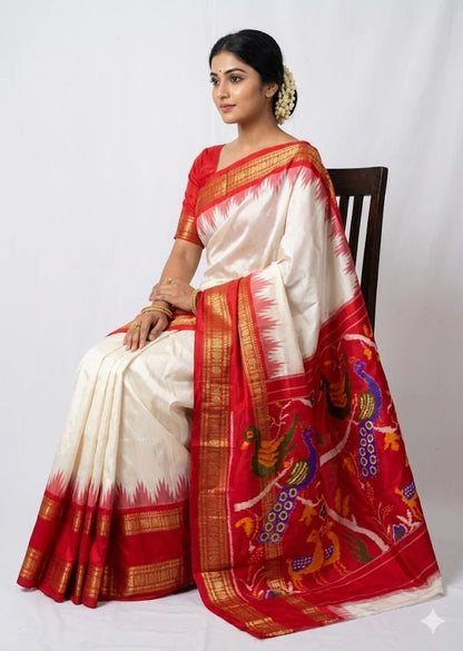 Pure Pochampally Ikkat Silk Saree in Cream &amp; Red | Traditional Temple Border &amp; Animal Motif Pallu | Handloom Wedding Saree - pochampallysarees.com