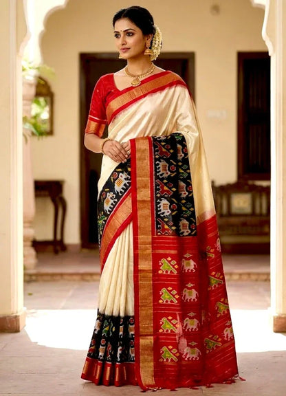 Traditional Cream &amp; Red Ikkat Silk Saree with Black Elephant Motif Border | Pochampally Handloom - pochampallysarees.com