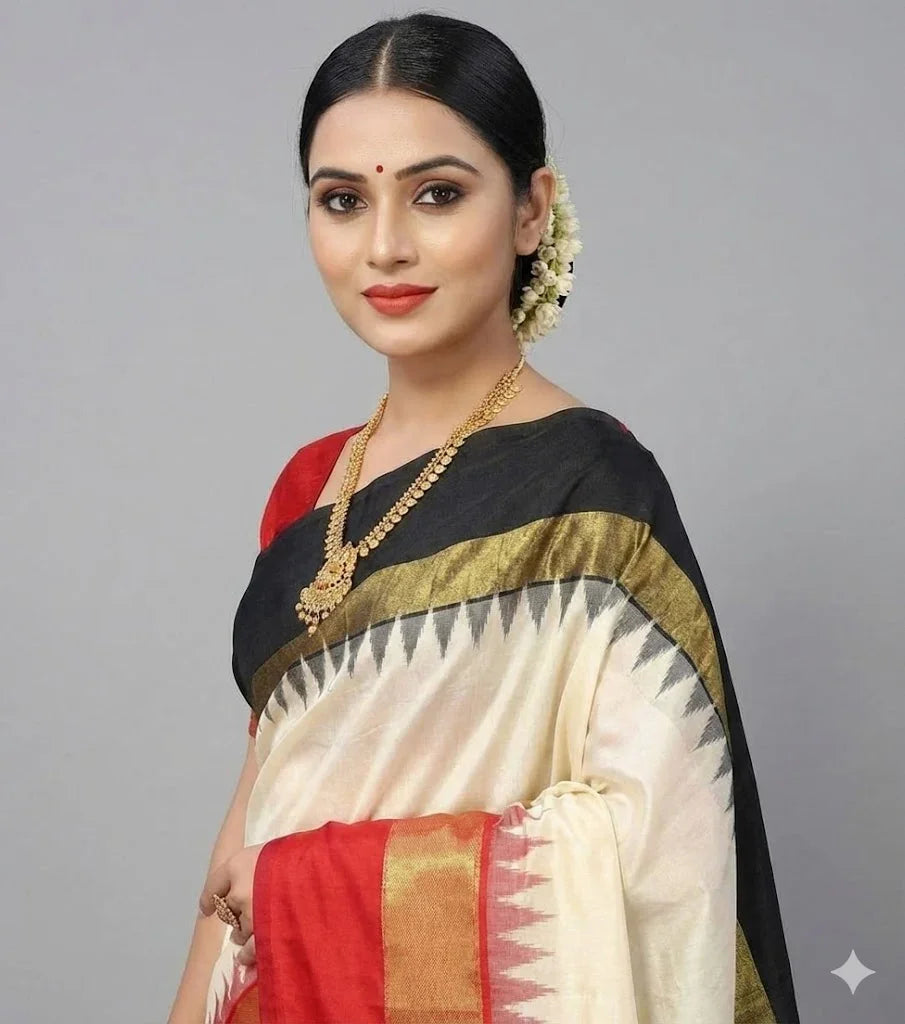 POCHAMPALLY IKKAT SILK MIDDLE CREAM ONE GANGA JAMUNA KANCHI BORDER RED AND ONE BORDER BLACK PALLU RED AND BLOUSE SAME AS IKKAT DESIGN - pochampallysarees.com