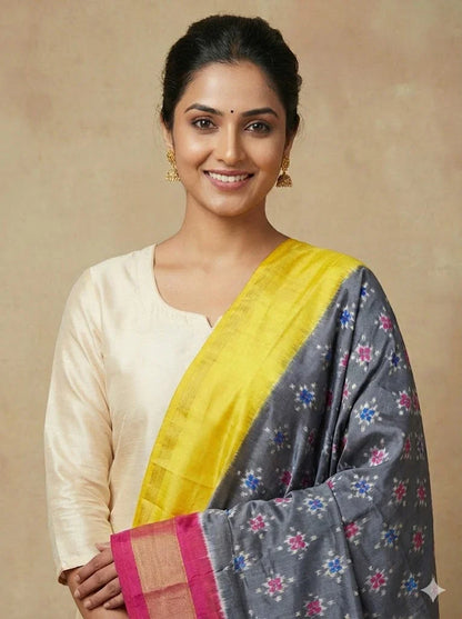 Ikkat Silk Dupatta Gray Pink yellow - pochampallysarees.com
