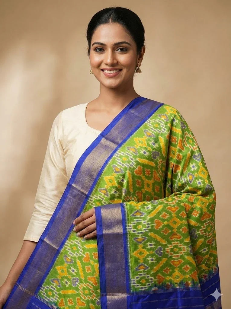 Ikkat Silk Dupatta Green Blue - pochampallysarees.com