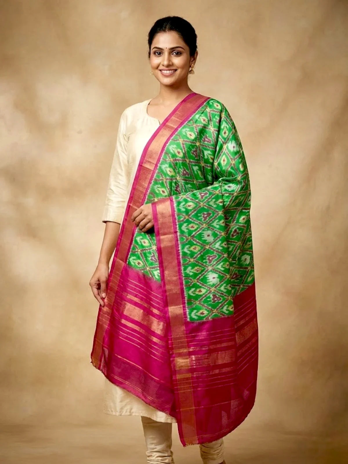 Ikkat Silk Dupatta Green Pink - pochampallysarees.com