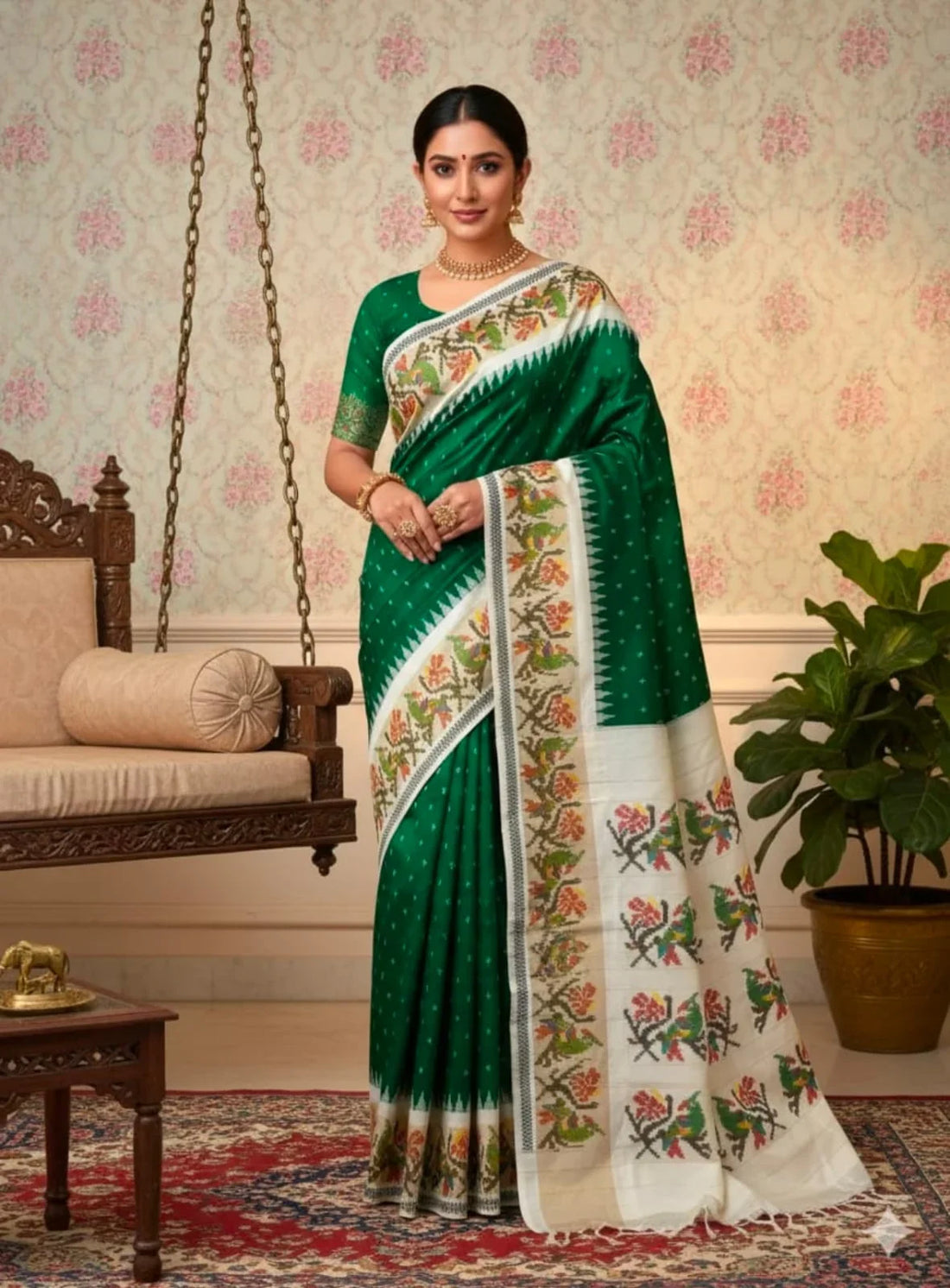 Emerald Green &amp; Cream White Pure Ikkat Silk Saree | Silk Mark Certified Handloom Pochampally | Temple Border Wedding Saree - pochampallysarees.com