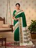 Emerald Green & Cream White Pure Ikkat Silk Saree | Silk Mark Certified Handloom Pochampally | Temple Border Wedding Saree - pochampallysarees.com