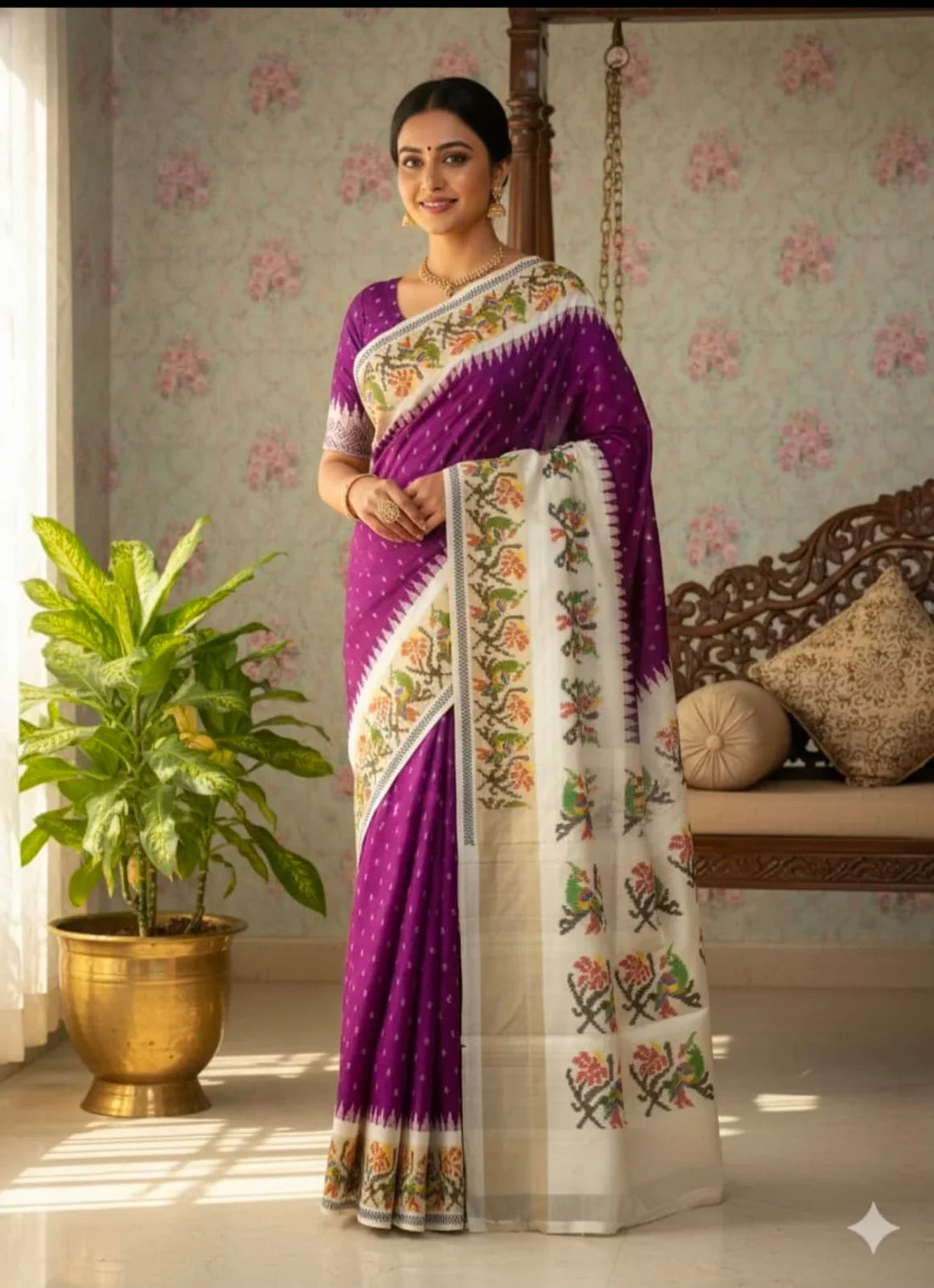 Radiant Purple &amp; Cream Ikkat Silk Saree with Floral Temple Border &amp; Parrot Motifs - pochampallysarees.com