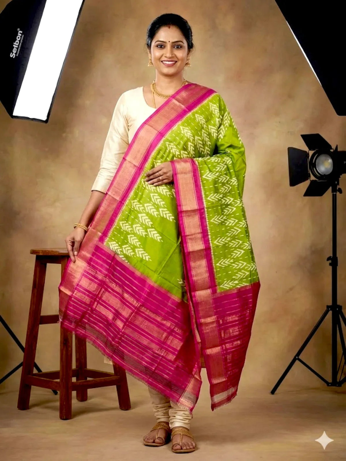 Ikkat Silk Dupatta Olive Green Pink Online - pochampallysarees.com