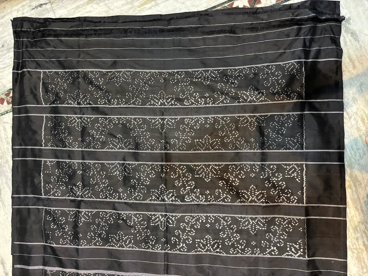POCHAMPALLY IKKAT SILK PATOLA BLACK SAREE with Intricate Geometric Motifs &amp; Striped Pallu | Traditional Handloom Party Wear - pochampallysarees.com