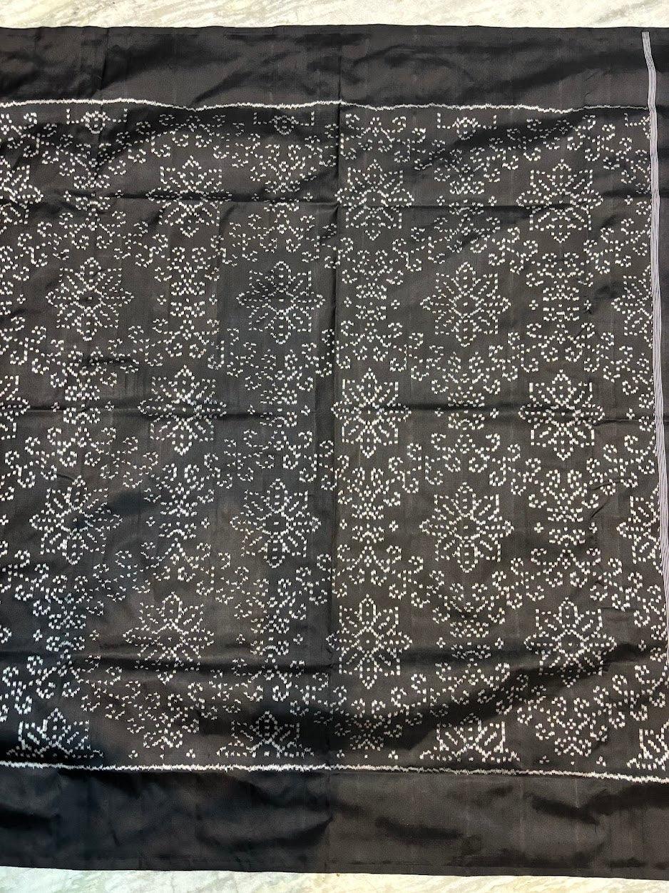 POCHAMPALLY IKKAT SILK PATOLA BLACK SAREE with Intricate Geometric Motifs &amp; Striped Pallu | Traditional Handloom Party Wear - pochampallysarees.com