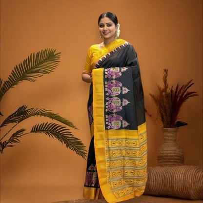 POCHAMPALLY IKKAT SILK PATOLA MIDDLE BLACK BORDER AND PALLU YELLOW ZARI BORDER PLAIN DESIGN SAREE - pochampallysarees.com